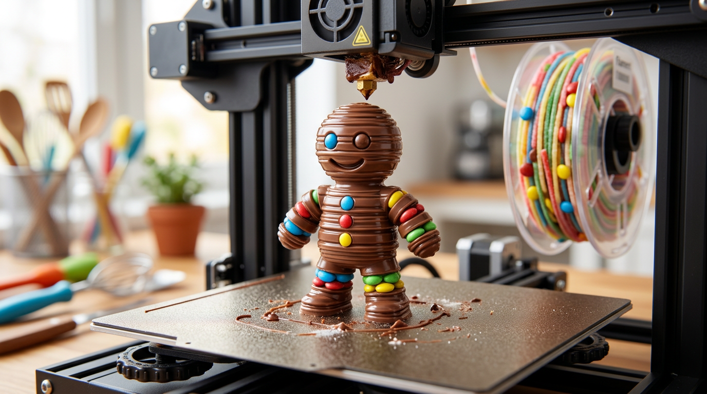 Illustration: a candy-and-chocolate layered figure on a food 3D printer build plate (April 1).
