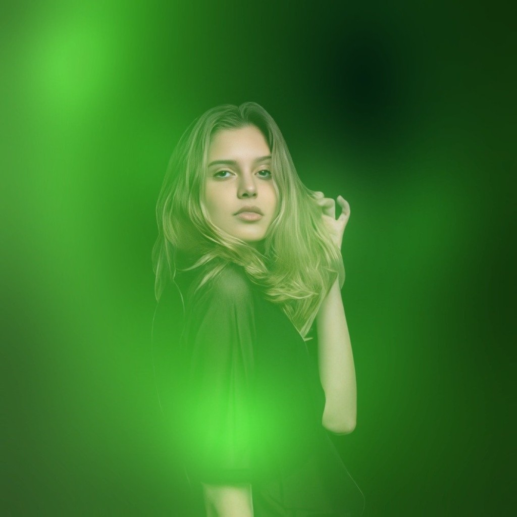 Aura-style portrait with bright green glow effect for event photo booths.