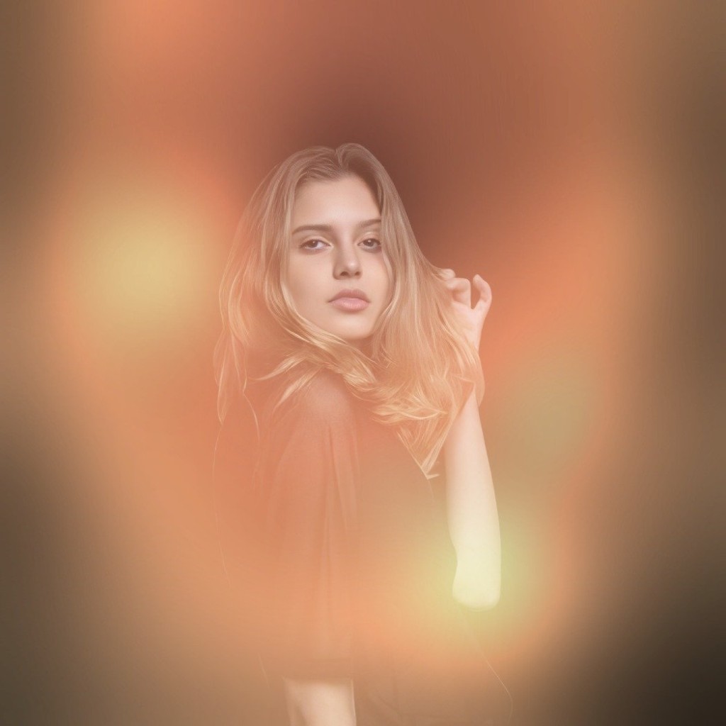 Aura-style portrait with warm peach tones and light glow around the subject.