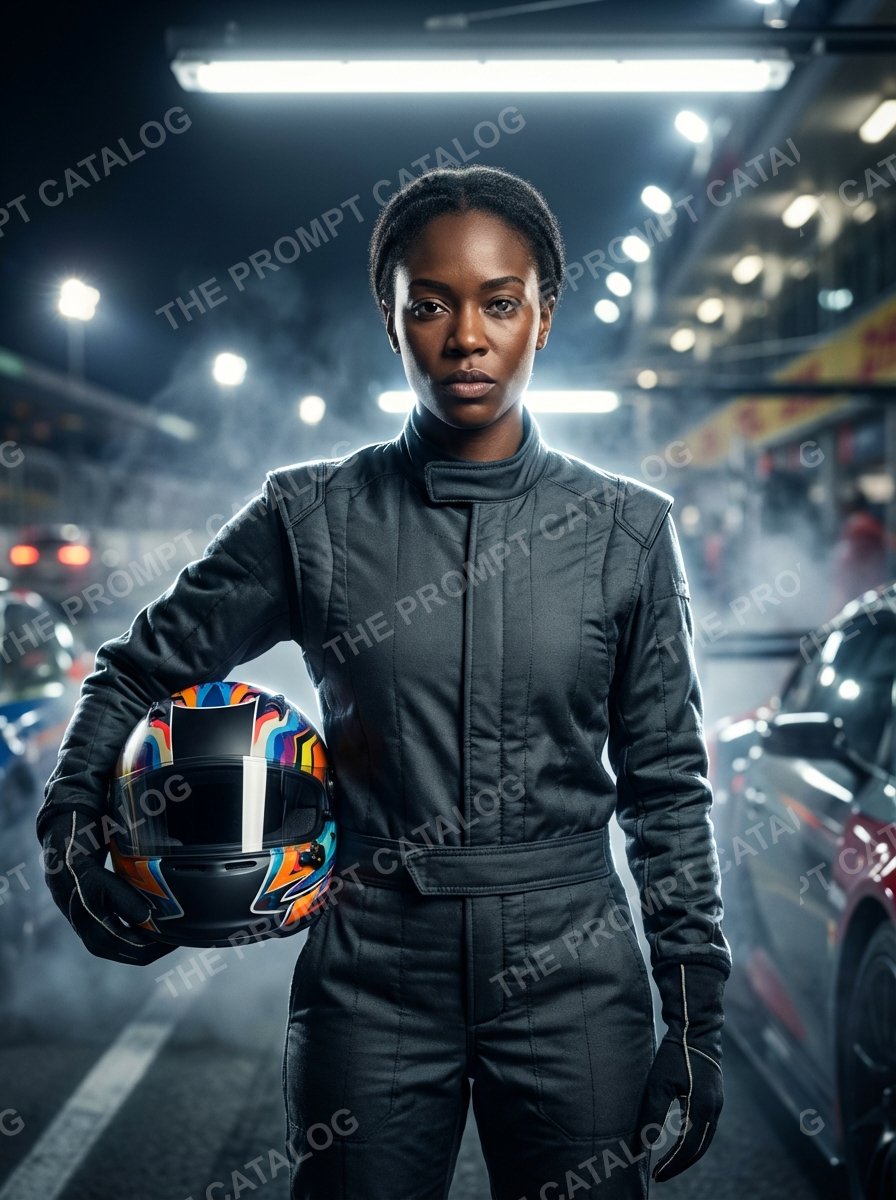 AI photo booth prompt theme: Racecar Driver Portrait