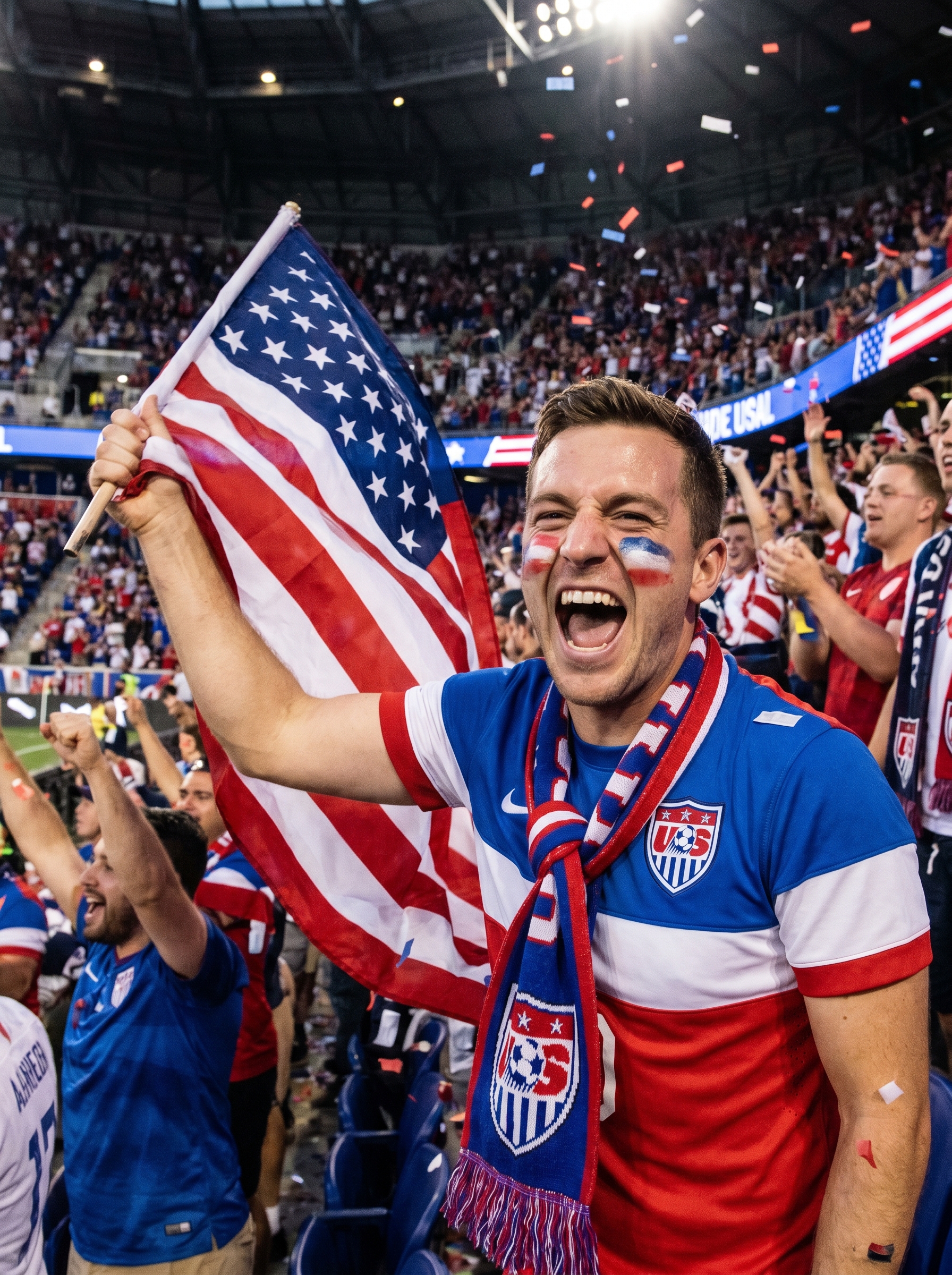 Soccer-themed AI photo booth prompt: Soccer Fan Cheering in Stadium